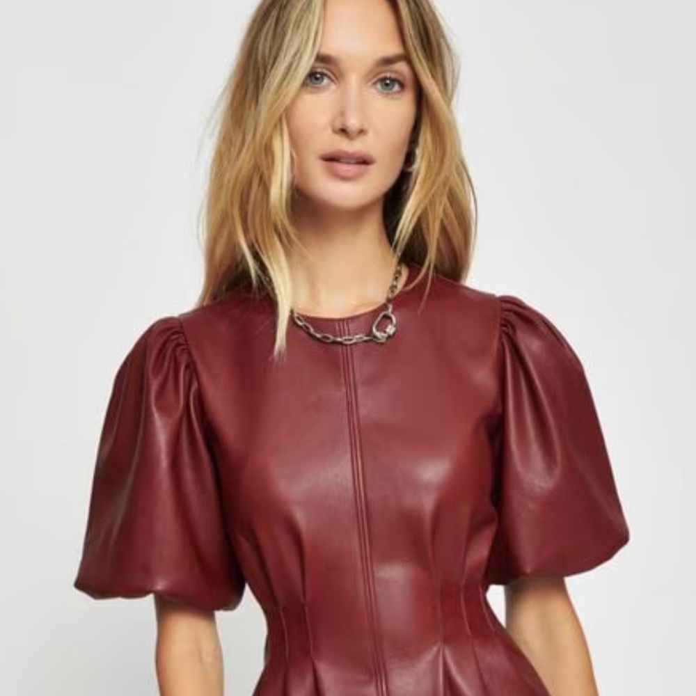Dynamite Faux Oxblood Leather Puff sleeve dress